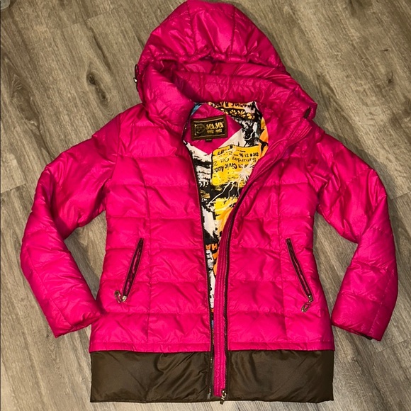 Vintage Jackets & Blazers - Vibrant Pink Down Jacket with Brown Accents